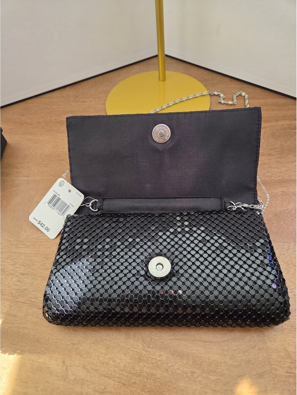 Jessica McClintock Black Sequin Mesh Evening Clutch Crossbody Chain Bag NWT - Picture 4 of 5